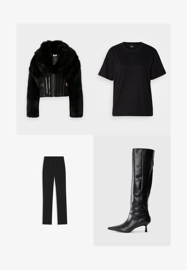 Svart fuskpäls kort jacka med bred krage, långa ärmar, dragkedja fram och dekorativa vertikala ränder på överkroppen.; Svart bomullströja med rund halsringning, korta ärmar och en broderad logotyp på bröstet. Enkel, avslappnad passform utan mönster.; Svarta skräddarsydda byxor med rak bendesign, som har framfickor och ett slätt, strukturerat tyg. Prydlig, minimal detaljer.; Svart läderknähigh boot med spetsig tå och smal, böjd klack. Slät textur, åtsittande design och ingen synlig hårdvara eller mönster.