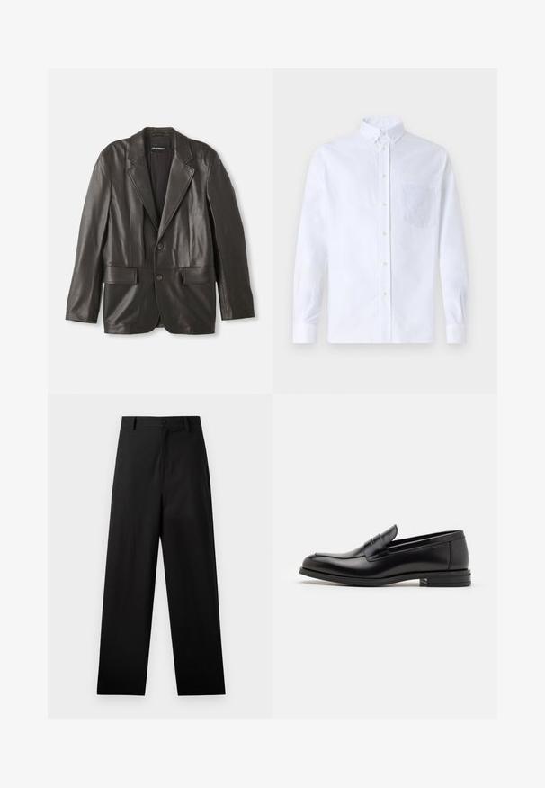 Černý kožený blejzr s výstřihy, dvěma knoflíky a klopovými kapsami, položený na bílé pozadí.; Bílá dlouhá košile s knoflíky vyrobená z bavlny, která má náprsní kapsu s tónovanou výšivkou, límec a knoflíkové manžety.; Černé kalhoty vyrobené z bavlny se rovnými nohavicemi, s předním zapínáním na knoflík a bočními kapsami. Hladká textura, bez vzorů.; Černé kožené polobotky s hladkou texturou, zaoblenou špičkou a zdobným páskem přes nárt. Nízký stohovaný podpatek, minimalistický design.