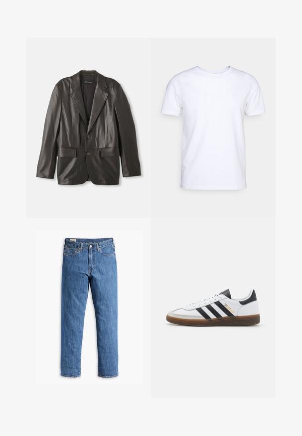Blazer din piele neagră cu rever în formă de cută, două butoane și buzunare cu clapă, așezat plat pe un fundal alb.; Tricou alb cu mânecă scurtă din material de bumbac, cu guler rotund. Design simplu, fără tipare sau accente. Textură netedă.; Blugi din denim albastru cu tăietură dreaptă, cu nituri de cupru și design cu cinci buzunare. Prezintă un tiv cusut și un brâu clasic cu bucle pentru curea.; Tenisi din piele albă cu accente din suede negru, trei dungi negre, talpă din cauciuc bej și branding auriu "SPEZIAL" pe lateral.