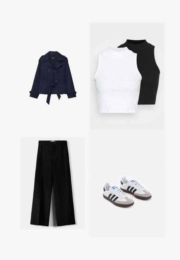 Marineblå trenchcoat med dobbeltknaplukninger, skulderepauleter og bælte i taljen. Lavet af glat stof med detaljerne ved ærmerne.; To kjoleløse ribbede turtleneck-toppe i sort og hvid, med en tætsiddende design og glat tekstur, samt cropped længde.; Sorte brede bukser lavet af letvægtsstof, med frontknaplukning og glat front, samt pænt syede kanter.; Sportsko med en overdel i hvid læder, grå ruskind på tåen og tre sorte striber. Har et blåt logo på tungen og en struktureret gummisål.