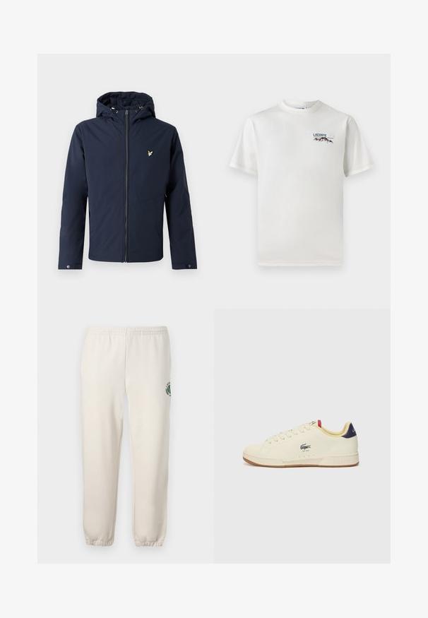 Marineblå hættejakke med lynlås foran og lille fuglelogo på brystet, med justerbare manchetter og snoretræk i hætten.; Hvid bomulds-T-shirt med rund halsudskæring, korte ærmer og et lille broderet logo med bjerge og tekst på venstre bryst.; Lys beige sweatpants lavet af bomuld, med elastisk talje, ribbede mansjetter og et grønt logo med bladdesign på venstre ben.; Lacoste sneakers i cremefarvet læder med en tekstureret overflade. Har en gummisål, snørebånd foran, marineblå hæl og broderet logo.