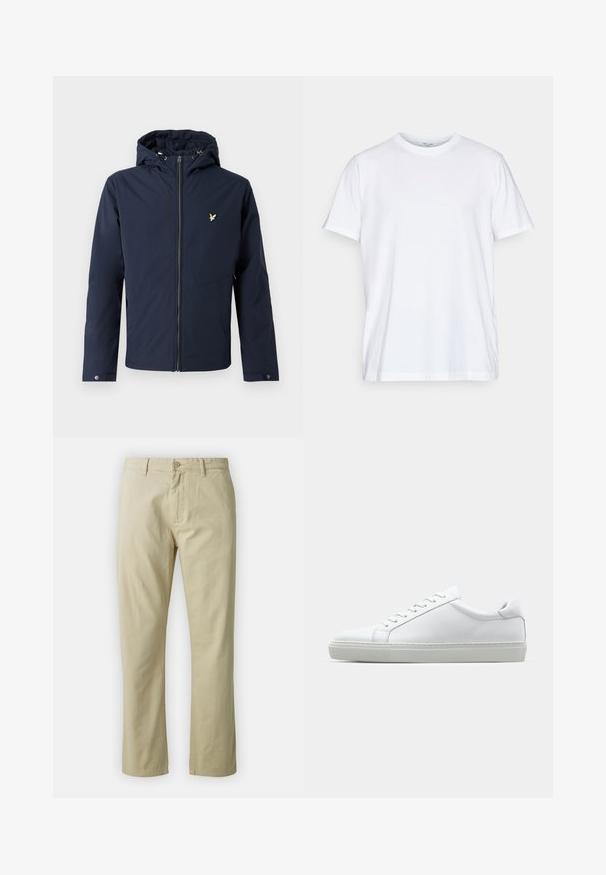 Marineblauwe capuchonjas met ritssluiting aan de voorkant en een klein vogellogo op de borst, voorzien van verstelbare manchetten en trekkoorden aan de capuchon.; Witte katoenen t-shirt met korte mouwen, ronde ronde hals en een relaxed fit. Heeft een minimalistisch ontwerp, zonder patronen of accenten.; Beige katoenen broek met een recht ontwerp, knoopsluiting aan de voorkant en riemlussen. Gladde textuur, geen zichtbare patronen of accenten.; Witte sneaker met een gladlederen bovenwerk en een laag profiel. Voorzien van een ronde neus, zes vetergaatjes en een gestructureerde rubberen zool.