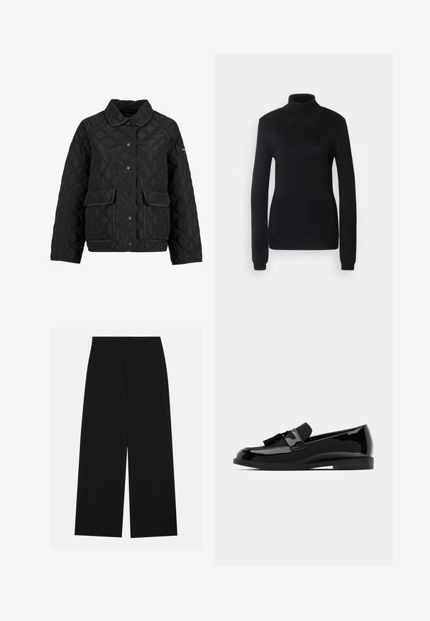 aim’n® QUILTED FEMME - Allvädersjacka - black; Svart polotröja gjord av ett mjukt stuckt tyg, med lång ärm och en figurnära silhuett samt ribbad krage och fåll.; Breda svarta byxor i ett mjukt tyg. Har en platt midja med bälteshällor och inga synliga fickor. Enkelt design.; Svarta lackläderloafers med platt häl, med en fransdetalj och slät yta, designade med rund tå och subtil sömnad.