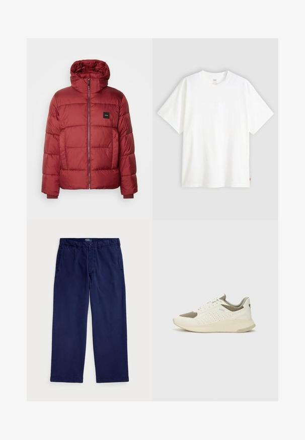 Raudona pūkinė striukė su gobtuvu, su užtrauktuku priekyje, elastiniais rankogaliais ir kvadratinės formos logotipu ant kairiosios krūtinės pusės. Lygus, siuvinėtas paviršius.; Baltas trumpas rankovės marškinėlis, pagamintas iš medvilnės, su apvalia iškirpte. Priekyje yra subtilus iškilus logotipas ir raudonas etiketas ant apačios.; Tamsiai mėlynos medvilninės chino kelnės tiesiomis kojomis, su šoninėmis kišenėmis ir sagtimi juosmens srityje. Slydus paviršius, klasikinis siluetas.; Baltas ir šviesiai bežinis sportinis kedas, su tinklo viršumi, perforuotais detalėmis ir tekstūruotu tarpine su logotipu ant kulno.