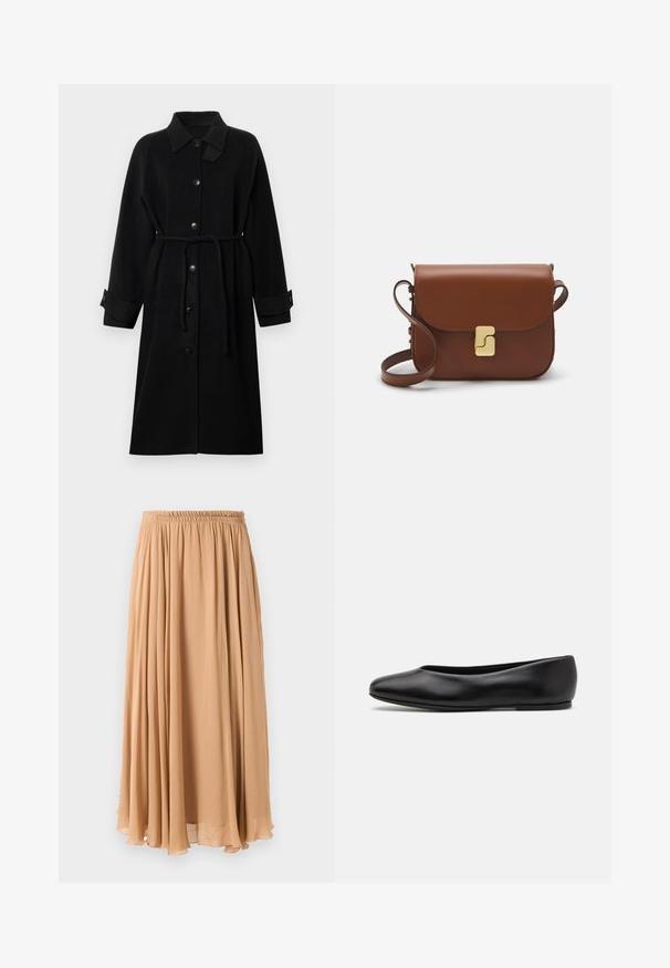 Sort frakke med krave, knaplukning fortil, bælte i taljen, lange ærmer og opdelt manchetter, lavet af et struktureret stof.; Lys beige cropped sweater med lynlås og høj hals, der har et struktureret mønster samt ribbede manchetter og nederste kant. Kombinerer strikkede og vævede materialer.; Maxi nederdel i lys beige, lavet af let stof. Har en indsamlet elastisk talje og bløde pliser for bevægelse.; Paul Smith TOPANGA - Ballerinasko - black; Brun læder håndtaske med flaplukning, hardware i gyldent tone, en skulderrem og en glat overflade. Kompakt rektangulær form.