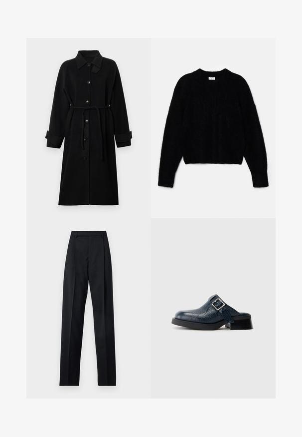 Must noir kraevistega, nupudega ees, vöökohal, pikad varrukad ja rullitud varrukate äärised, valmistatud tekstuursest kangast.; Must beebi, mis on tehtud karvase materjali jaoks. Omab ümarat kaelust ja pikki varrukaid, millel on pehme tekstuur. Minimalistlik disain, ilma mustriteta.; Mustad püksid siledast kangast, millel on kõrge vöökoht, laiad jalad, esimesed kortsud ja klassikalised vööloopid. Küljepockets pole nähtavad.; Tumesinine nahkaklapid tekstureeritud pinnaga, külgrihma ja hõbedase pandlaga, madalal mustal kontsal ja tugeva tallaga.