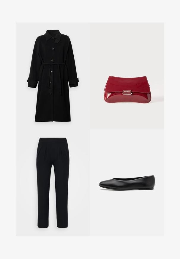 Cappotto nero con colletto, chiusura frontale con bottoni, vita con cintura, maniche lunghe e polsini arrotolati, realizzato in un tessuto testurizzato.; Camicia bianca a maniche lunghe con colletto alla mandarino e placket dei bottoni nascosto, esposta su sfondo bianco.; Pantaloni neri a gamba larga realizzati in tessuto morbido. Presentano una vita elasticizzata e due pieghe frontali. Nessun motivo o accessorio visibile.; Paul Smith TOPANGA - Ballerine - black; Borsa a pochette in pelle verniciata rossa con design curvo, pattina pieghevole e un accento del logo metallico su una placca argentata. Tessuto liscio e lucido.