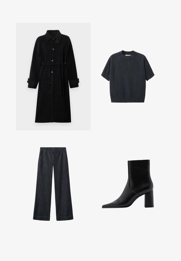 Svart kappa med krage, knäppning fram, bälte vid midjan, långa ärmar och uppfållade manschetter, tillverkad i ett strukturerat tyg.; Mörkgrå kortärmad stickad tröja med rund hals, med en löst sittande passform och raglanärmar, tillverkad av ett mjukt, texturerat tyg.; Vida, mörkblå denimbyxor med en slät yta, framfickor, bälteshällor och en rak skärning som sträcker sig till ankeln.; Mango NONO - Klassiska stövletter - black