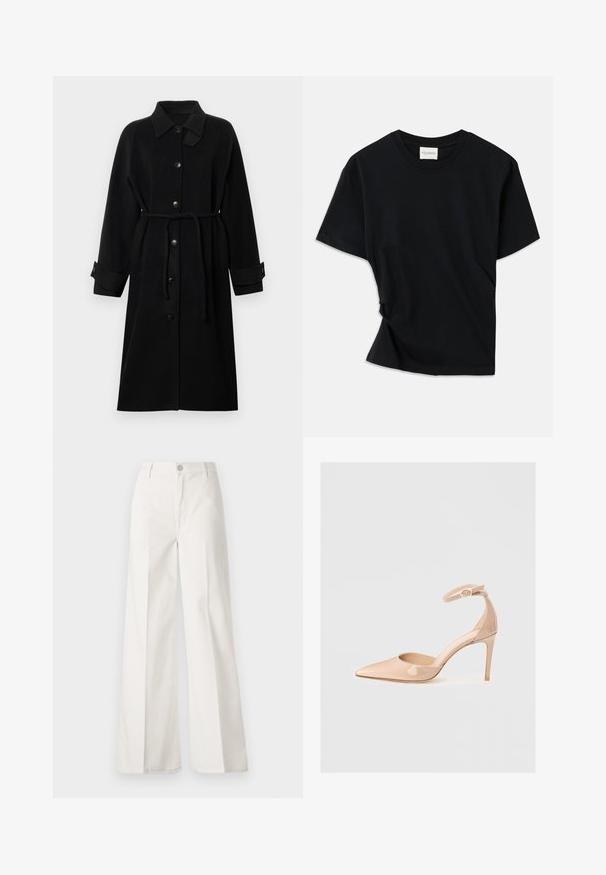Czarny płaszcz z kołnierzem, zapinany na guziki, z paskiem w talii, długimi rękawami i podwiniętymi mankietami, wykonany z fakturowanej tkaniny.; Czarny t-shirt wykonany z miękkiej bawełny, z okrągłym dekoltem, krótkimi rękawami i lekko skręconym fasonem zapewniającym luźny krój.; Białe spodnie typu wide-leg wykonane z bawełny o gładkiej fakturze. Posiadają zapięcie na guzik z przodu, zamek błyskawiczny oraz cztery kieszenie.; Nude lakierowane buty na szpilce z odkrytym palcem i paskiem wokół kostki, charakteryzujące się gładką fakturą i minimalistycznym designem.
