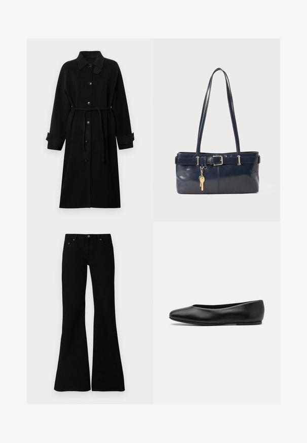 Abrigo negro con cuello, cierre frontal de botones, cinturilla, mangas largas y puños doblados, hecho de una tela texturizada.; Top negro de manga larga con cuello alto, hecho de tejido suave, que presenta un cuello con volantes y una silueta ajustada con bordes simples.; Jeans negros acampanados de denim, con un diseño clásico de cinco bolsillos, cierre de botón y detalles de costura sutiles a lo largo de las costuras.; Paul Smith TOPANGA - Bailarinas - black; Bolso de mano de cuero navy con dos asas largas, un detalle de hebilla y un llavero adjunto. Presenta una textura suave y una forma rectangular.