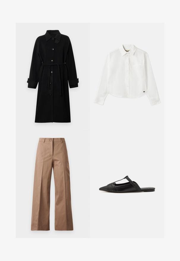 Cappotto nero con colletto, chiusura frontale con bottoni, vita con cintura, maniche lunghe e polsini arrotolati, realizzato in un tessuto testurizzato.; Camicia bianca a maniche lunghe e taglio corto in cotone. Presenta una chiusura con bottoni sul davanti, una tasca sul petto e un piccolo logo nero in basso a sinistra.; Pantaloni larghi marroni realizzati in un tessuto morbido, con chiusura frontale con bottone, due tasche anteriori e linee pulite e sartoriali.; Scarpa slingback in pelle nera con punta appuntita, con un dettaglio intrecciato e un design superiore plissettato. Suola piatta con hardware minimale.