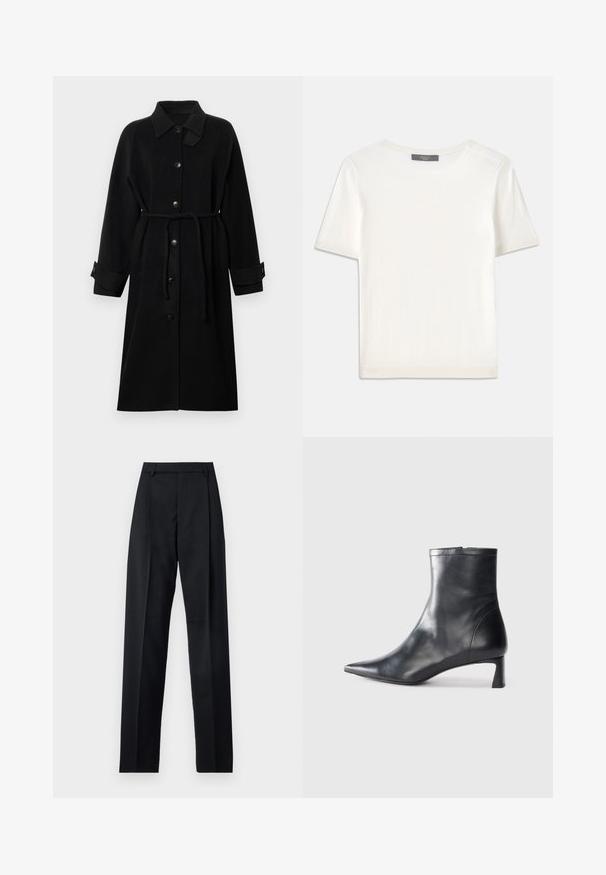 Black coat with a collar, button front closure, belted waist, long sleeves, and rolled cuffs, made from a textured fabric.; White short-sleeve knit top with a round neckline, featuring a smooth texture and subtle ribbed accents at sleeves and hem.; Black trousers made from smooth fabric featuring a high waist, wide legs, front pleats, and classic belt loops. No side pockets visible.; Black leather ankle boot with a pointed toe and a sleek design. Features a low heel and a zipper closure at the back. Smooth texture.