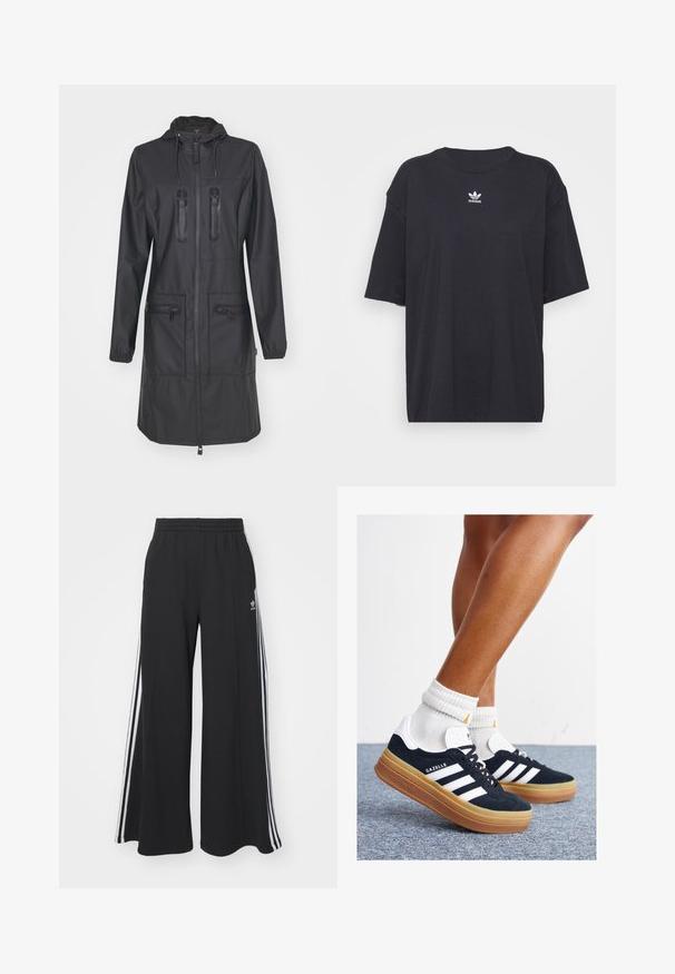 Rains Waterproof jacket - black; Black cotton t-shirt with short sleeves, round neckline, features a white Adidas logo on the chest. Simple design, relaxed fit.; Black wide-leg sweatpants with an elastic waistband, featuring white side stripes and an embroidered logo on the left thigh.; Black suede sneakers with white stripes and accents, rounded toe, gum rubber outsole, paired with white ribbed crew socks.