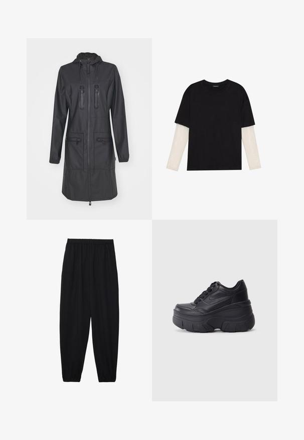 Rains Veste imperméable - black; T-shirt noir en coton, avec des manches courtes sur une couche à manches longues blanche avec un motif texturé subtil. Col rond.; Pantalons noirs légers avec une taille élastique et des chevilles froncées. Le tissu est lisse et présente un design décontracté et fuselé.; Baskets noires à lacets avec une semelle épaisse, présentant un dessus en cuir lisse, un bout arrondi et un design de plateforme en couches distinct.