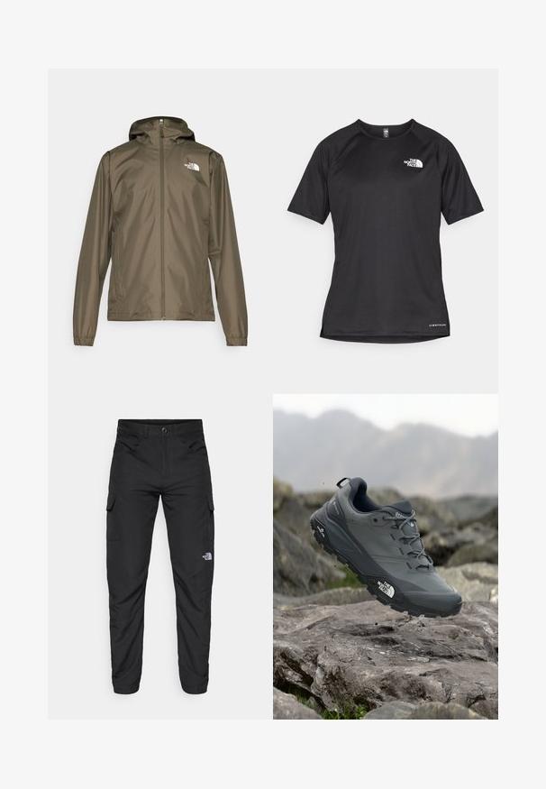Olijfgroene lichtgewicht jas met een ritssluiting aan de voorkant, verstelbare capuchon en elastische manchetten. Heeft een logo op de bovenste linkerkant van de borst.; Zwarte sportshirt met korte mouwen van textuurstof, met een wit logo op de linkerborst en een rechte zoom.; The North Face HORIZON PANT - Outdoorbroeken - black; Grijze trailrun-schoen met een gestructureerde bovenkant, duurzame rubbersole en versterkte neuskap. Voorzien van veters en een merkimprint aan de zijkant.