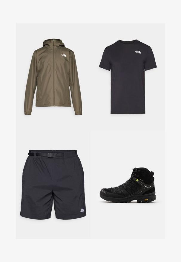 Olíva zöld, könnyű dzseki, elülső cipzárral, állítható kapucnival és rugalmas mandzsettákkal. A bal felső mellrészen logó található.; Fekete, rövid ujjú póló, puha anyagból készült, a bal felső részen egy kis fehér logóval. Klasszikus, kerek nyakú dizájn, normál fazonnal.; Fekete, könnyű anyagú, laza szabású shorts, állítható övvel, oldalsó zsebekkel, és a North Face logójával a jobb alsó lábszáron.; Fekete túracipő, amely texturált felsőrésszel, megerősített orral és Vibram talppal rendelkezik. A fűzőrendszer kampókat tartalmaz a biztonságos illeszkedés érdekében.