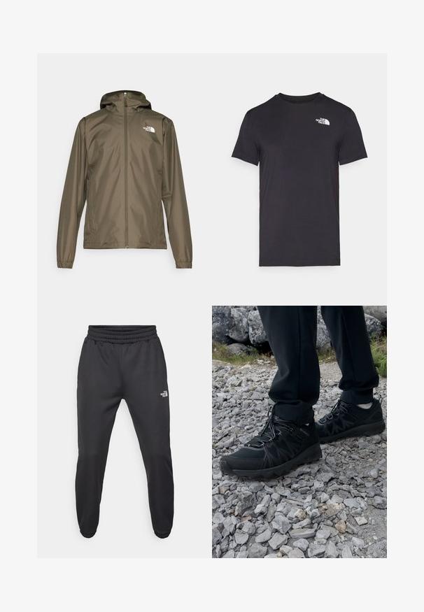 Oliivinvihreä kevytrakenteinen takki, jossa on etuvetoketju, säädettävä huppu ja elastiset hihansuut. Takissa on logo vasemmassa ylärinnassa.; Musta lyhythihais t-paita pehmeästä kankaasta, jossa on pieni valkoinen logo vasemmassa yläkulmassa. Klassinen pyöreä kaula-aukko ja normaali istuvuus.; Mustat collegehousut, joissa on nauhakuomu vyötäröllä, kapeneva fit, elastiset hihansuut ja pieni valkoinen logo vasemmassa reidessä, valmistettu sileästä kankaasta.; Mustat ulkokengät, joissa on verkko- ja synteettinen materiaali, teksturoitu päällinen, varma nauhoitusjärjestelmä ja kestävä pohja kivikkoisella maastolla.