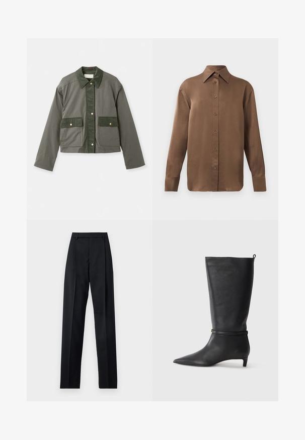 Vanessa Bruno ENGIE - Lichte jas - olive; Bruine overhemd met lange mouwen en knopen, voorzien van een spitse kraag en manchetten, op een eenvoudige witte achtergrond weergegeven.; Zwarte broek gemaakt van gladde stof met een hoge taille, wijde benen, voorplooien en klassieke ceintuurlussen. Geen zijzakken zichtbaar.; Zwarte leren kniehoog laars met een spitse neus, accentueert door een ronde band rond de enkel en een lage, taps toelopende hak. Glad textuur.