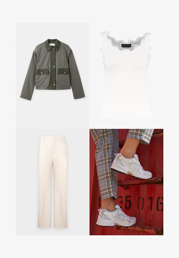 Vanessa Bruno ENGIE oliwkowy; Biały prążkowany top na ramiączkach z koronkowym wykończeniem przy dekolcie i rękawach. Posiada miękką teksturę i dopasowany krój. Wewnątrz widoczna metka marki.; Beżowe spodnie o prostym kroju, uszyte z lekkiego materiału. Posiadają fałdy z przodu i klasyczny pas.; Białe siatkowe sneakersy z srebrnymi akcentami i teksturowaną podeszwą, umieszczone na czerwonej powierzchni, w połączeniu z materiałowymi spodniami w kratę.