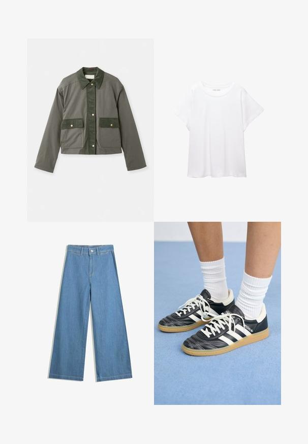 Vanessa Bruno ENGIE - Lichte jas - olive; Witte T-shirt van zacht, lichtgewicht stof. Heeft een ronde halslijn en korte, brede mouwen met een ontspannen pasvorm. Geen zichtbare patronen.; Lichtblauwe wijde jeans van denim, met een knoopsluiting, riemlussen en subtiele stikseldetails.; Zwarte leren sneakers met witte strepen, ronde neus, witte veters en een gumrubberen zool. Versterkt met een gevoerd kraag en merkdetails.