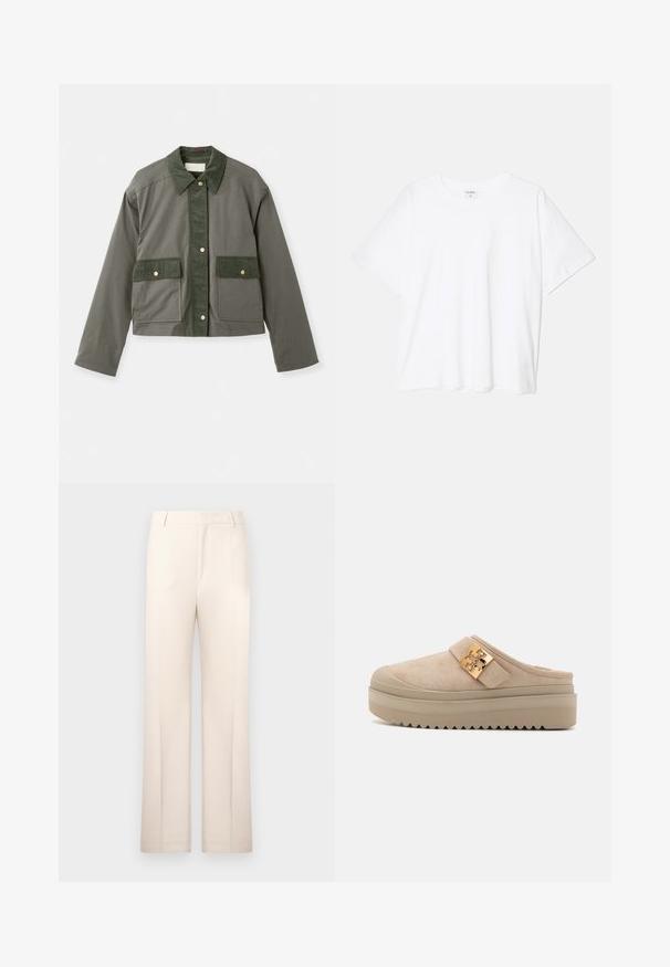 Vanessa Bruno ENGIE - Jachetă de vară - olive; Tricou alb din bumbac, cu mâneci scurte, guler rotund, croi lejer și tiv cusut. Eticheta este vizibilă pe interiorul gulerului.; Pantaloni bej, croiți pe linie dreaptă, realizati dintr-un material ușor. Prezintă pliuri frontale și o talie clasică.; Muli platform din suede bej cu o talpă groasă și texturată, având un accent metalic auriu proeminent pe cureaua ajustabilă.