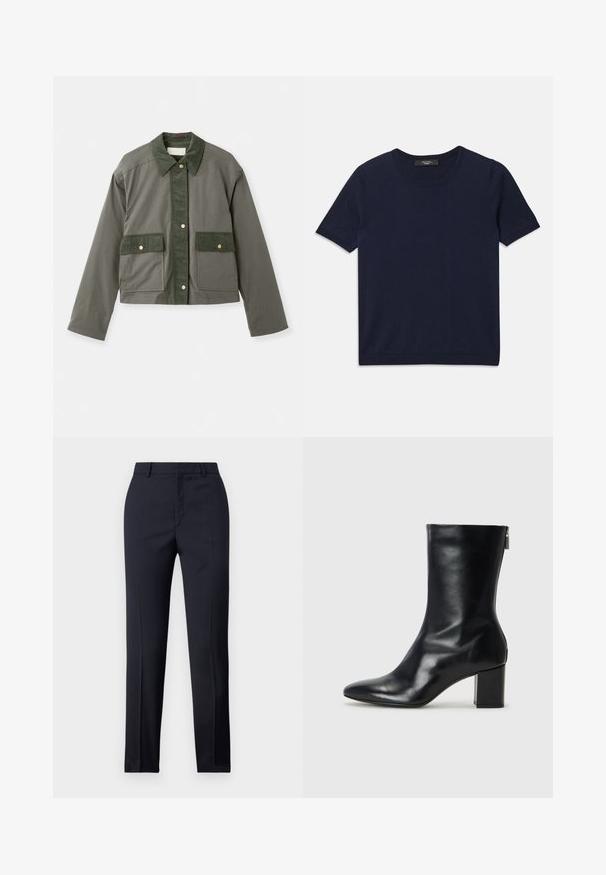 Vanessa Bruno ENGIE - Lichte jas - olive; Navyblauwe T-shirt met korte mouwen van zacht materiaal, met een ronde halslijn en ribbelranden, een gladde textuur en zonder zichtbare patronen.; Marineblauwe, op maat gemaakte broek met een rechte snit, met een gladde textuur, twee zijzakken en een schone tailleband.; Zwarte leren enkelboot met een spitse neus en een blokhak van 4 cm. Strak ontwerp met een zijrits voor gemakkelijke aan- en uittrekken. Soepele textuur.