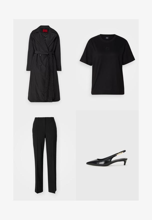 Svart trenchcoat med bälte, tillverkad av glänsande, lättviktsmaterial. Har stora knappar och en vågig krage. Märkt "HUGO" i rött.; Svart bomullströja med rund halsringning, korta ärmar och en broderad logotyp på bröstet. Enkel, avslappnad passform utan mönster.; Svarta skräddarsydda byxor med rak benform, med en slät yta och skarpa veck fram. Ingen synlig hårdvara.; Svart läder slingback-hälar med spetsig tå, med en smal klack och en guldtonad detalj på den justerbara remmen. Slät textur.