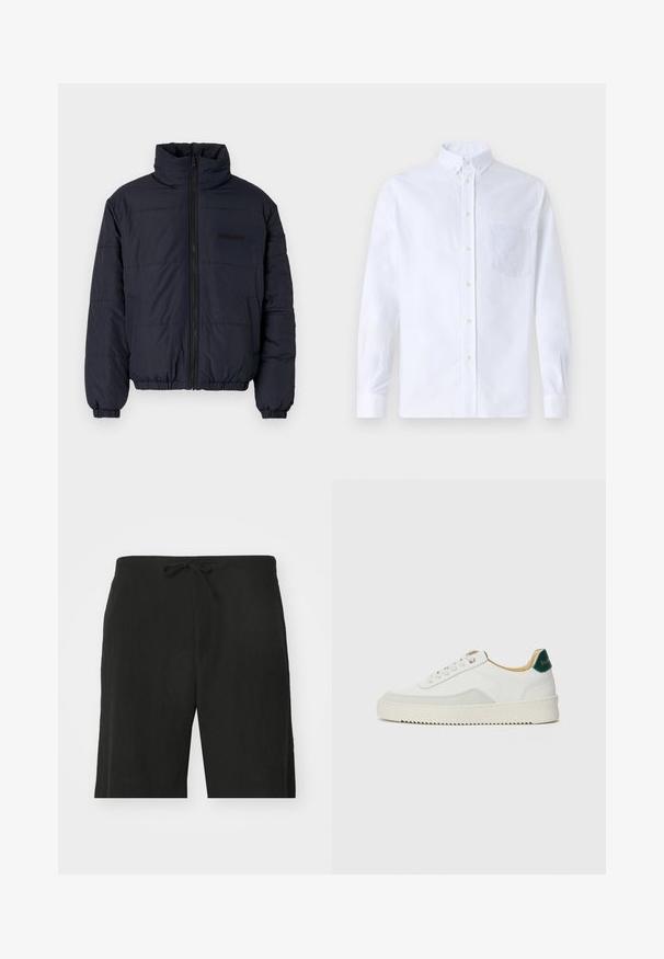 Černá zateplená bunda s vysokým límcem, předním zipem, elastickými manžetami a lemovaným spodním okrajem. Má strukturovaný povrch s horizontálními švy.; Bílá dlouhá košile s knoflíky vyrobená z bavlny, která má náprsní kapsu s tónovanou výšivkou, límec a knoflíkové manžety.; Černé lněné kraťasy s páskem na stažení, nabízející uvolněný střih a délku ke kolenům. Hladká textura, jednoduchý a klasický styl.; Bílé tenisky se semišovými prvky, kulatou špičkou, plochými tkaničkami a krémovou gumovou podrážkou. Na patě mají zelené logo.