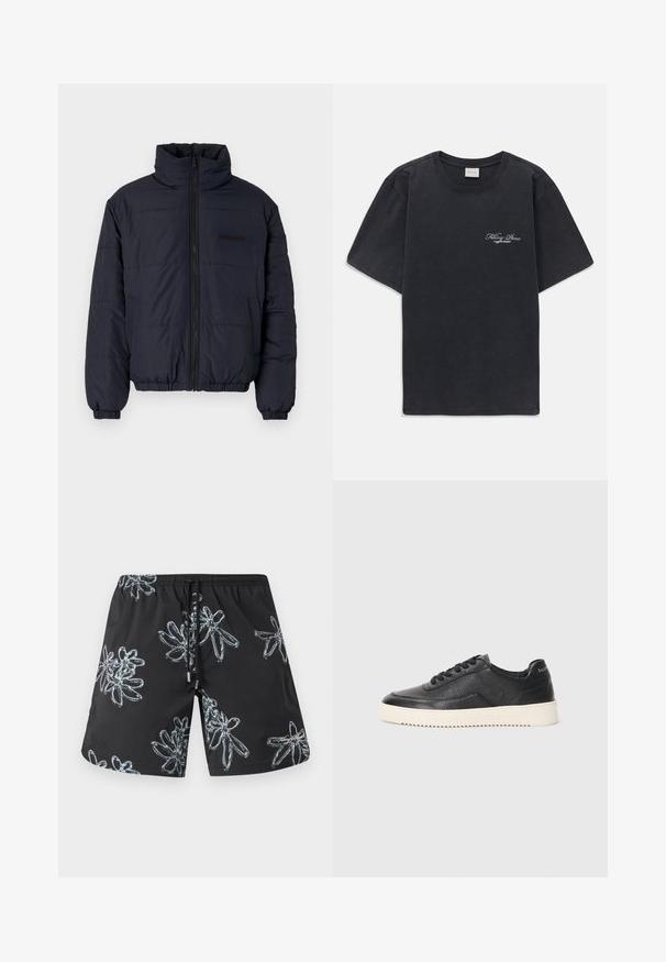 Jachetă neagră căptușită cu guler înalt, fermoar frontal, mansete elastice și tiv bandat. Prezintă un finisaj texturat cu cusături orizontale.; Tricou negru cu mânecă scurtă și gât rotund, având un mic logo alb "Filling Pieces" pe partea stângă a pieptului.; Șorturi negre de înot cu un model floral lucios în gri deschis. Talie elastică cu șnur și detaliu logo în partea dreaptă jos.; Pantofi sport negri din piele cu finisaj texturat, vârf rotund și talpă plată din cauciuc alb. Dispune de șireturi negre și branding pe toc.