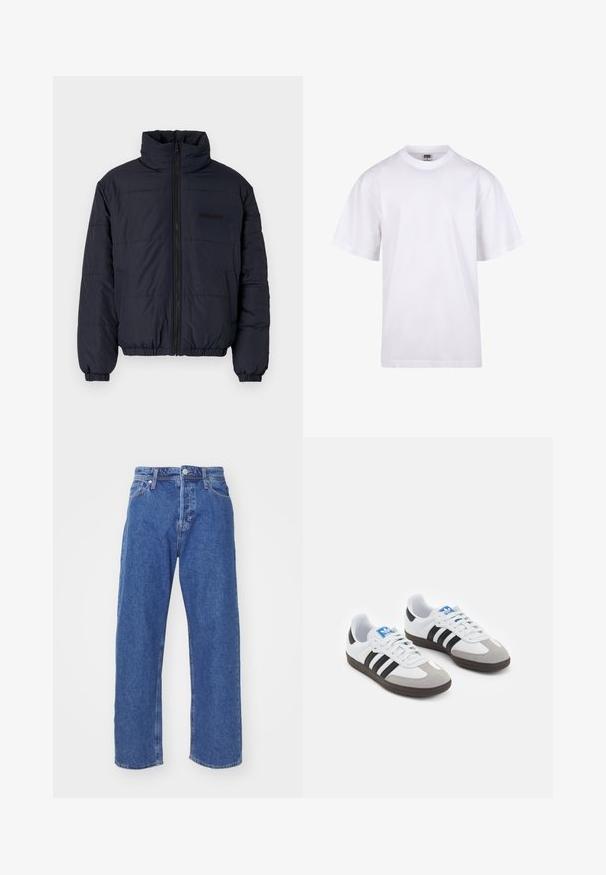 Juodas paminkštintas švarkas su aukštu apykakle, priekinis užtrauktukas, elastingi rankogaliai ir juostos formos apatinis kraštas. Ypatumas yra tekstūruotas paviršius su horizontaliais siūlės.; Balta medvilnės marškinėliai su apvaliu iškirpimu, trumpomis rankovėmis ir laisvu siluetu. Turi paprastą dizainą be raštų ar akcentų.; Mėlynos džinsinės kelnes su tiesiu kojų siluetu, turinčios mygtuką ir užtrauktuką, penkių kišenių stilių ir minimalų siuvimo detalių dizainą.; Sportiniai batai su balta odine viršutine dalimi, pilku zomšiniu priekiu ir trimis juodomis juostelėmis. Ant liežuvio yra mėlynas logotipas, o padas pagamintas iš tekstūruoto gumos.