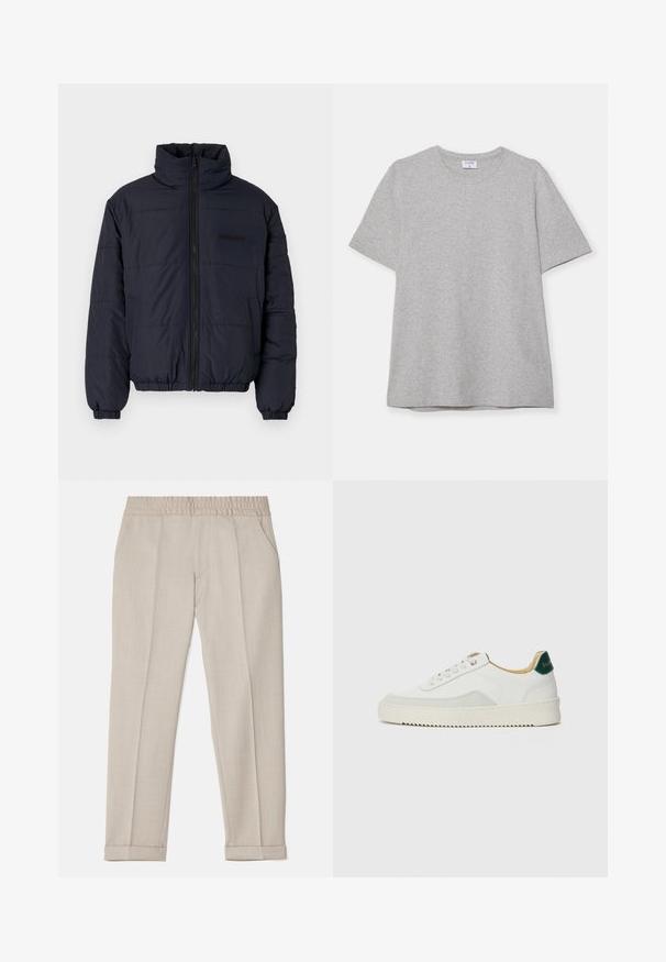 Musta pehmeä takki korkealla kauluksella, etuvetoketjulla, elastisilla hihansuilla ja resorimaisella helmalla. Ominaisuuksina on teksturoitu pinta vaakasaumojen kanssa.; Harmaa lyhythihainen T-paita, joka on valmistettu pehmeästä ja teksturoidusta kankaasta. Varustettu klassisella pyöreällä pääntiellä ja suoraselkäisellä helman kanssa, sopii rentoon pukeutumiseen.; Filippa K TERRY CROPPED TROUSERS - Housut - sage melange; Valkoiset tennarit, joissa on nahkaosia, pyöreä kärki, tasaiset nauhat ja kermaisa kumi-pohja. Takana vihreä brändäys.