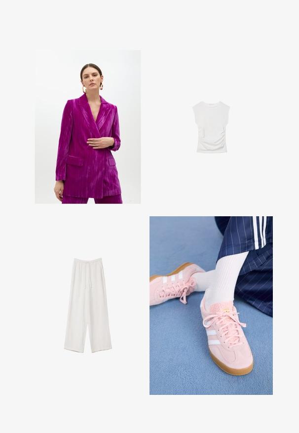 Fuchsiový sametový blazer s textúrovaným povrchom, špicatými klopami, jedným gombíkom a dvomi prednými vreckami. Moderný a štruktúrovaný dizajn.; Biely krátky rukáv top s okrúhlym výstrihom. Obsahuje zhromaždenú textúru po stranách a priliehavý strih, vyrobený z mäkkého, elastického materiálu.; Biele široké nohavice vyrobené z ľahkej tkaniny. Obsahujú elastický pás so sťahovacou šnúrkou a bočné vrecká. Hladká textúra.; Svetloružové semišové tenisky s bielymi pruhmi a šnúrkami, s textúrovaným jazykom a gumenou podrážkou, umiestnené na modrom koberci.