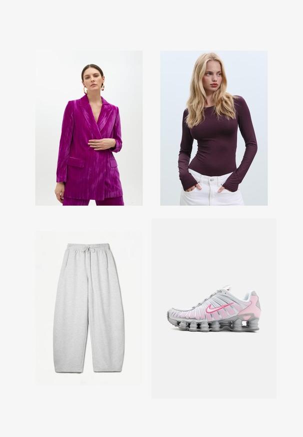 Fuksia samettitakki, jossa on tekstuuripinta, huippulapelit, yksittäinen napitus ja kaksi etutaskua. Moderni ja jämäkkä muotoilu.; Burgundy pitkähiha, muotoonompelu ykkönen pyöreällä kaula-aukolla ja peukaloaukoilla, yhdistettynä valkoisiin korkeavyötäröisiin housuihin. Sileä kangas ja joustava rakenne.; Harmaat rentosäärystimet, joissa on rento istuvuus, joustava vyötärö, nyöri ja sivutaskut; valmistettu pehmeästä, teksturoidusta kankaasta.; Kengät Nike urheiluvalkoiset ja vaaleanpunaiset. Niissä on verkkopäällinen ja erottuva kaareva pohja, jossa on näkyvää ilmatyynyä.