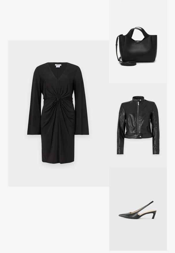 Svart skinnjakke med en kort design, som har høy krage, frontglidelås og glidelåslommer på sidene. Glatt tekstur med skreddersydde sømmer.; Svart kjole med lange ermer, V-hals og en samlet tvistdetalj i midjen. Glatt stoff med en tettsittende silhuett.; Svart spiss tå slingback-sko med lav hæl, laget av jevnt skinnmateriale og med utskåret design på siden for pusteevne.; Svart skinnhåndveske med teksturert finish, vinklet form, doble håndtak og justerbar skulderrem. Har et DKNY-logo som detaljer.