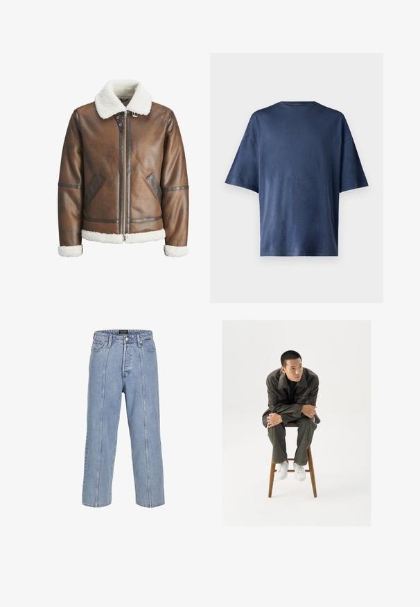 Veste bombardier en cuir marron avec un col et des poignets en shearling blanc, équipée d'une fermeture éclair et de poches latérales. Accentuée de garnitures en cuir.; T-shirt navy bleu à manches courtes, fabriqué en tissu doux, présente un col rond classique et une coupe décontractée, sans motifs ni accents visibles.; Jean en denim bleu clair avec une coupe ample, des jambes larges et des détails de couture visibles. Il dispose d'une fermeture à bouton et zip, ainsi que de cinq poches.; Veste en cuir brun avec un large col, associée à un jean vert foncé et des baskets blanches. Le mannequin est assis sur un tabouret en bois.