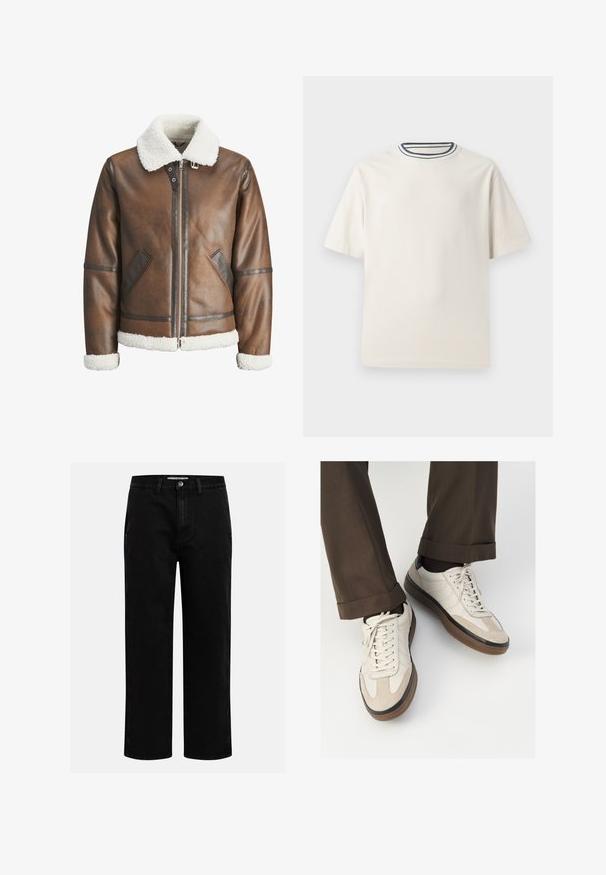 Rjav usnjeni bomberski jopič z belim ovčjim krznom na ovratniku in manšetah, z zadrgo in stranskima žepoma. Okrašen z usnjenimi detajli.; Kremasta bombažna majica s kratkimi rokavi, z okroglim izrezom, okrašenim z mornarsko modrimi in belimi črtami. Gladka tekstura, sproščen kroj.; Črne denim hlače s ravnim krojem, klasičnim pet-takošnjim dizajnom in gumbom za zapiranje v pasu. Gladka tekstura in trpežna tkanina.; Bež teniske z teksturiranim prednjim delom iz usnja, gladkimi kožnimi stranicami in rjavo gumijasto podplatom. Vključene vezalke in svetla šivana detajla.