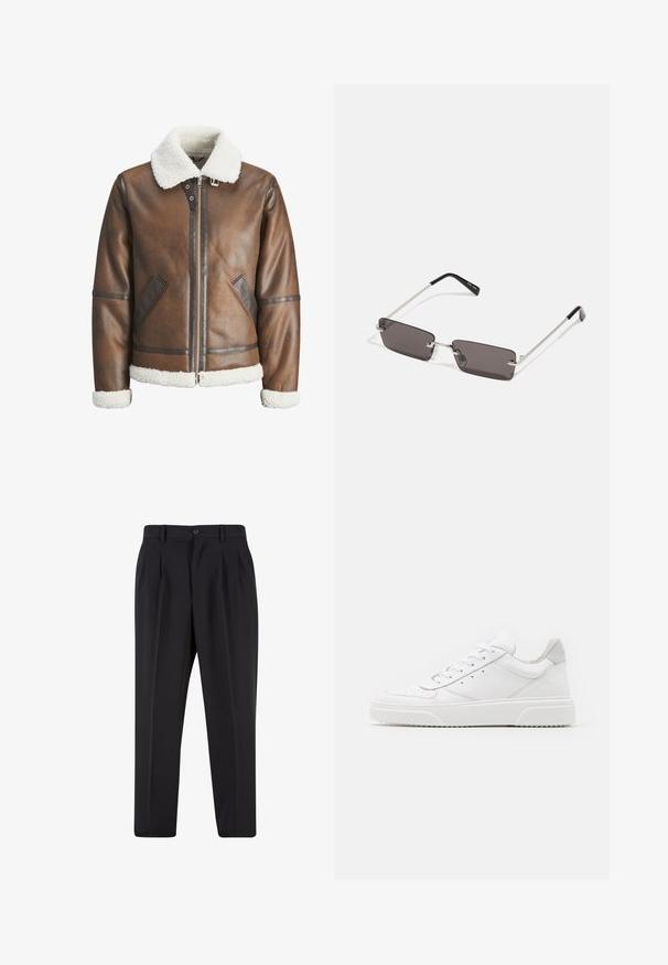 Brown leather bomber jacket with a white shearling collar and cuffs, featuring zip closure and side pockets. Accented with leather trim.; White cotton t-shirt featuring short sleeves, crew neck, and a red graphic text "DELICIOUS REFRESHING FRUIT" on the front.; Black trousers with a pleated front design, made from smooth fabric. Features a button closure and belt loops; straight-leg fit.; White leather sneakers with a smooth finish, rounded toe, flat laces, and a textured sole. Grey suede accent at the heel.; Sunglasses with rectangular, dark grey lenses, silver metal frames, and black plastic tips on the arms. Lightweight design with nose pads.