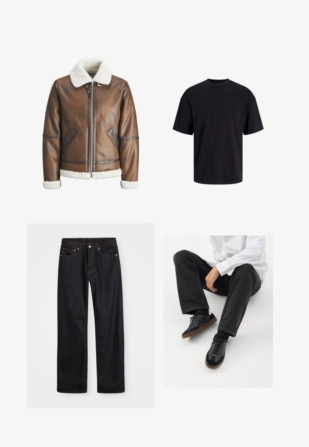 Rudas odinė bomberio striukė su balta avikailio apykakle ir rankovėmis, su užtrauktuku ir šoninėmis kišenėmis. Papuošta odiniais akcentais.; Juodas medvilninis marškinėlis su apvaliu iškirpimu, trumpomis rankovėmis ir laisvu siluetu. Glotni tekstūra, be matomų raštų ar akcentų.; Vyrų tiesaus kirpimo juodi džinsai iš denim medžiagos, su penkiomis kišenėmis ir oranžinėmis siūlėmis, su mygtuko ir užtrauktuko uždarymu ant priekio.; Juodi sportbačiai su lygiu ir tekstūruotu paviršiumi, turi guminį padas ir tamsias raištelius. Suderinti su juodomis džinsais ir balta juostuota marškinėliais.