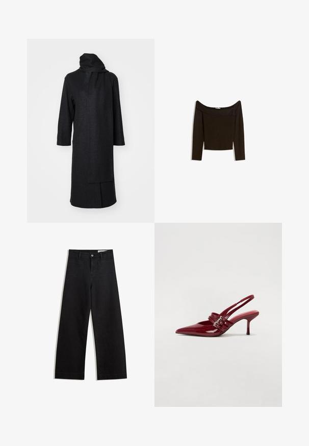 Long, dark gray coat made of textured fabric, features a hood, open front, and no fastenings, with three-quarter length sleeves and side pockets.; Off-the-shoulder, dark brown top in a fitted knit material. Features long sleeves and a cropped design with a smooth texture.; Black wide-leg denim pants with a high waist, featuring front and back pockets, stitched seams, and a button closure. Smooth texture.; Red patent leather slingback heels with a pointed toe, two buckle straps, and a slim, mid-height stiletto heel. Smooth texture.