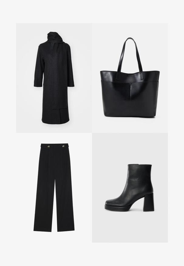 Lang, mørkegrå frakk laget av teksturert stoff, har hette, åpen front og ingen lukking, med trekvart lange ermer og sidelommer.; Svart langermet topp med utsvingte mansjetter, myk tekstur og avslappet passform, med enkel rund hals.; Svart vide bukser med høy midje, knappdetaljer på midjebåndet og frontplisser.; Sorte skinnankelsko med blokkhæl og plattformsåle, sett fra siden på en enkel hvit bakgrunn.; Svart lær toteveske med to lange håndtak, en glatt tekstur og en strukturert form. Har en frontlomme for ekstra oppbevaring.