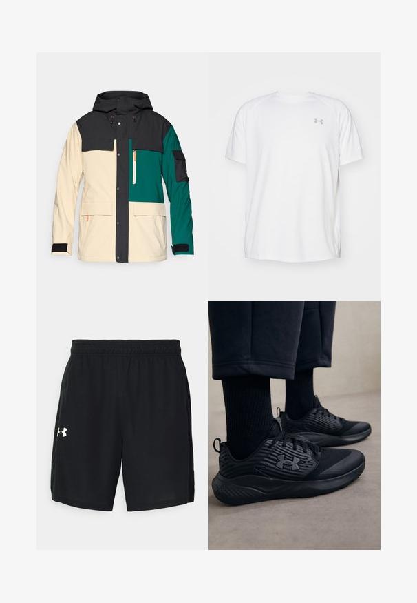 Chaqueta con bloques de color que incluye una capucha negra, un cuerpo en crema y acentos en azul verdoso. Presenta un cierre a presión, múltiples bolsillos y puños ajustables.; Camisa atlética de manga corta blanca, hecha de tejido suave. Presenta un cuello redondo y un logo gris en el lado izquierdo del pecho, con aberturas laterales en el dobladillo.; Pantalones cortos deportivos negros hechos de tela ligera, con una cinturilla elástica y un logo blanco en el lado izquierdo.; Persona que lleva zapatillas deportivas negras con lados texturizados y un logo, combinadas con calcetas negras y pantalones cortos sobre un suelo claro.