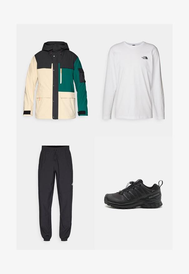 Farvet blokeret jakke med sort hætte, cremet krop og teal detaljer. Har trykknaplukning, flere lommer og justerbare manchetter.; Hvid langærmet T-shirt lavet af bomuld med rund hals. Har et lille sort logo på brystet. Glat tekstur, almindelig pasform.; Sorte atletiske bukser lavet af letvægtsstof, med en snor i taljen, sidelommer og tapered manchetter ved anklerne.; Sort atletik sko med en struktureret syntetisk overdel, polstret sål og et hurtiglukkesystem. Har forstærket tå og hæl.