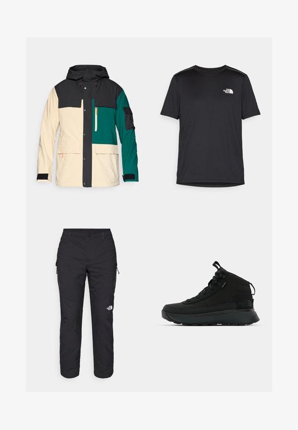 Color-blocked jacket with a black hood, cream body, and teal accents. Features snap closure, multiple pockets, and adjustable cuffs.; Black short-sleeve T-shirt made from lightweight fabric. Features a small white logo on the left chest and subtle shoulder accents.; The North Face WINTER EXPLORATION TAPERED CARGO - Outdoor trousers - black; Black mid-cut hiking boots with a textured fabric upper, reinforced toe cap, secure lacing system, and a cushioned sole for traction.