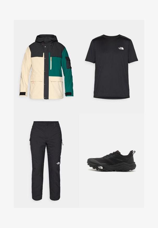 Giacca a blocchi di colore con cappuccio nero, corpo crema e dettagli teal. Presenta una chiusura a scatto, più tasche e polsini regolabili.; T-shirt nero a maniche corte realizzata in tessuto leggero. Presenta un piccolo logo bianco sul lato sinistro del petto e delicati dettagli sulle spalle.; The North Face WINTER EXPLORATION TAPERED CARGO - Pantaloni outdoor - black; Scarpa da trail running nera con tomaia texture, suola in gomma e punta rinforzata. Presenta un collare imbottito e un tassello per un indossamento facile.
