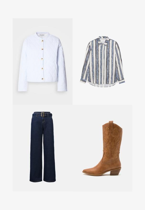 Casaco acolchoado azul claro com riscas brancas, apresentando um decote redondo e fecho com Botões dourados. Textura suave e design cropped.; Camisa de botão com riscas verticais em tons de azul, preto e branco. Feita de um tecido suave, com colarinho clássico e fecho de botão.; Calças de ganga largas de cor azul-escuro com bolsos costurados e um cinto correspondente com uma grande fivela retangular dourada.; Bota de cowboy em couro cáqui com bico pontiagudo, padrões de bordado em espiral no cano e um salto em bloco empilhado. Inclui uma alça para fácil calçar.