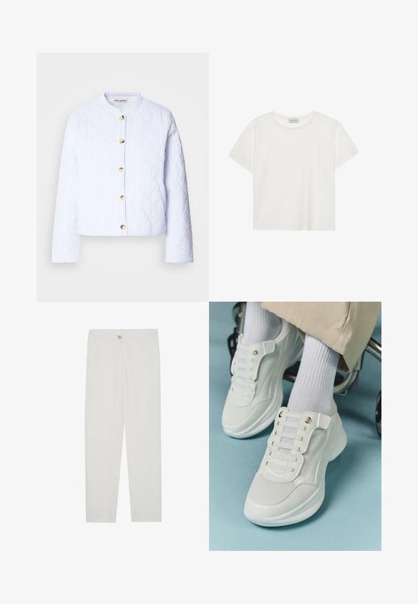 Prošívaná bunda světle modré barvy s bílými proužky, s kulatým výstřihem a zlatým zapínáním na knoflíky. Hladká textura a zkrácený střih.; Bílé tričko s krátkým rukávem vyrobené z měkké bavlny. Má kulatý výstřih a volný střih. Čistý design bez viditelných vzorů nebo akcentů.; Bílé kalhoty na míru s rovnými nohavicemi, se zapínáním na knoflík, poutky na opasek a bočními kapsami; hladká struktura látky.; Bílé tenisky s materiálem z mešové tkaniny, gumovou podrážkou, bezšňůrovým designem s elastickými pásky a zlatými akcenty.