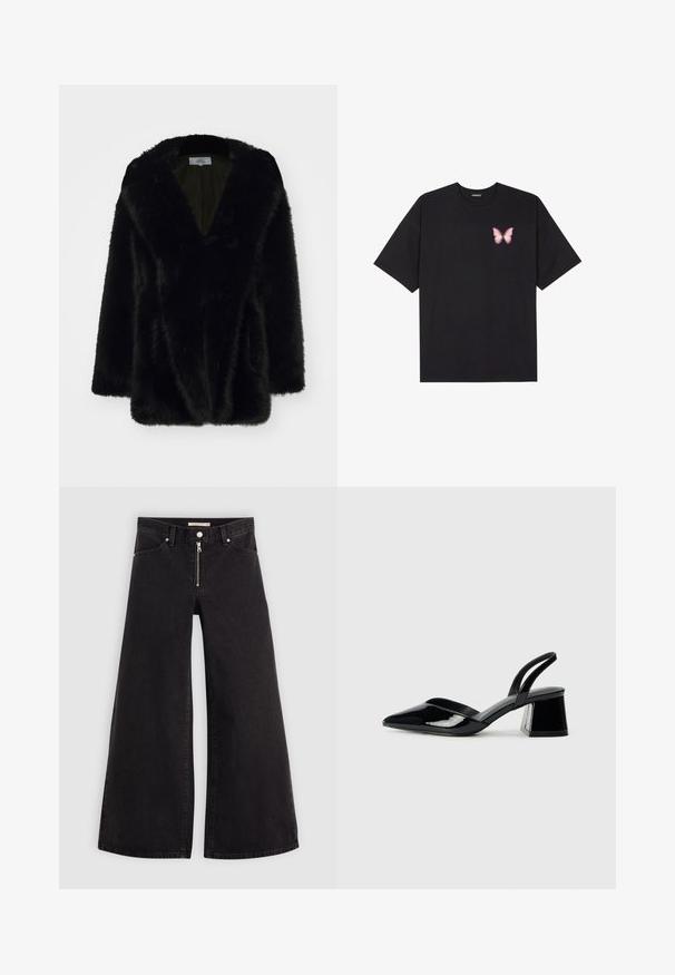 Melnā mākslīgā kažokā ar dziļu V veida kakla izgriezumu, mīkstu tekstūru, brīvu piegriezumu un platu piedurkņu dizainu. Iekšpusē ir oderēts ar viendabīgu tumšu krāsu.; Melna kokvilnas T-krekls ar īsām piedurknēm, kuram priekšā kreisajā pusē ir neliels rozā tauriņa grafiskais attēls. Ar apaļu kaklu un brīvā stila piegriezumu.; Platas kājas džinsi melnā džinsa audumā ar rāvējslēdzēju priekšā, piecu kabatu dizains un smalkas šuvju detaļas. Gluda tekstūra un ikdienišķs stils.; Melna lakota āda ar atvērto papēdi, ar smailu purngalu un ģeometrisku blokpapēdi. Iezīmējas elegants, minimāls dizains un gluda tekstūra.