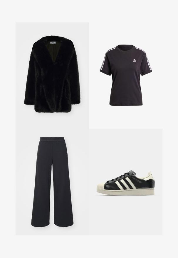 Juodas dirbtinės kailio paltas su gilia V formos iškirpte, minkšta tekstūra, laisva forma ir plačiomis rankovėmis. Viduje yra pamušalas tamsios vientisos spalvos.; Juodas medvilninis trumpa rankovėmis marškinėliai su apvalia iškirpte, su baltais dryžiais ant pečių ir maža balta Adidas logo ant krūtinės.; Juoda plačių kojų sportinė kelnė, pagaminta iš minkštos medžiagos, su elastinga juosmens juosta ir mažu logotipu kairėje pusėje.; Juodi odiniai sportiniai bateliai su baltais dryžiais, guminis toe kapas, juodi raišteliai ir kreminis padas. Lygus pavirčius su blizgiu finišu.