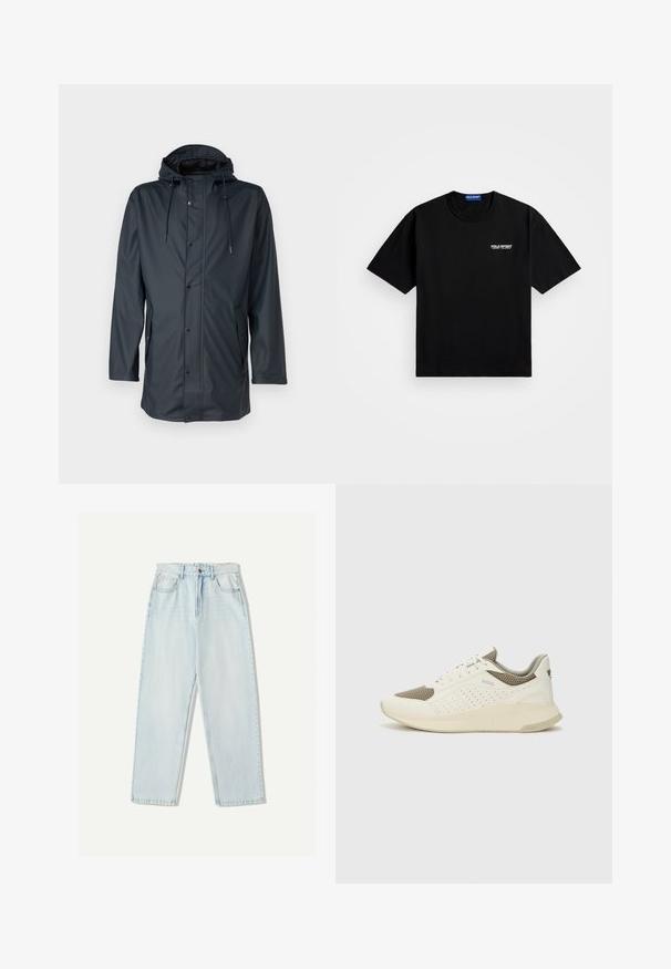 Tummanssininen vedenpitävä takki hupulla, jossa on pitkät hihat, nappikiinnitys edessä ja sivutaskut. Sujuva pinta ja minimalistinen muotoilu.; Musta puuvillapaita, jossa on pyöreä kaula-aukko ja lyhyet hihat. Vasemmassa rinnassa valkoinen "POLO SPORT" -logo. Normaalileikkainen.; Vaaleansiniset farkut, joissa on rento istuvuus, suora lahje, viisi taskua ja hillitty haalistuminen kankaassa.; Valkoinen ja vaaleanbeige urheilukengät, joissa on verkkomateriaali yläosa, rei'itettyjä yksityiskohtia ja teksturoitu välipohja, jossa on brändäys kantapäässä.