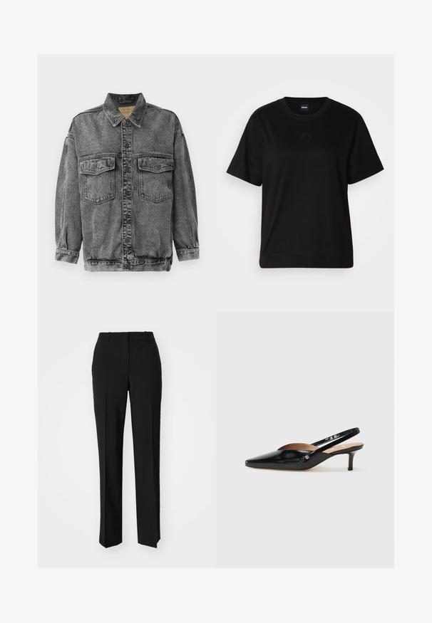 Crna ispucana traper jakna s gumbima sprijeda, dva džepa s preklopom na prsima, dugim rukavima i šiljastim ovratnikom.; Crna pamučna majica s okruglim izrezom, kratkim rukavima i izvezenim logotipom na prsima. Jednostavan, opušten kroj bez uzorka.; Crne krojene hlače ravnog kroja, s glatkom teksturom i oštrim pregibima naprijed. Bez vidljivih metalnih dijelova.; Crne lakirane kožne cipele na petu s izrezom, šiljastog vrha i malom petom. Zlatni detalj s jedne strane.